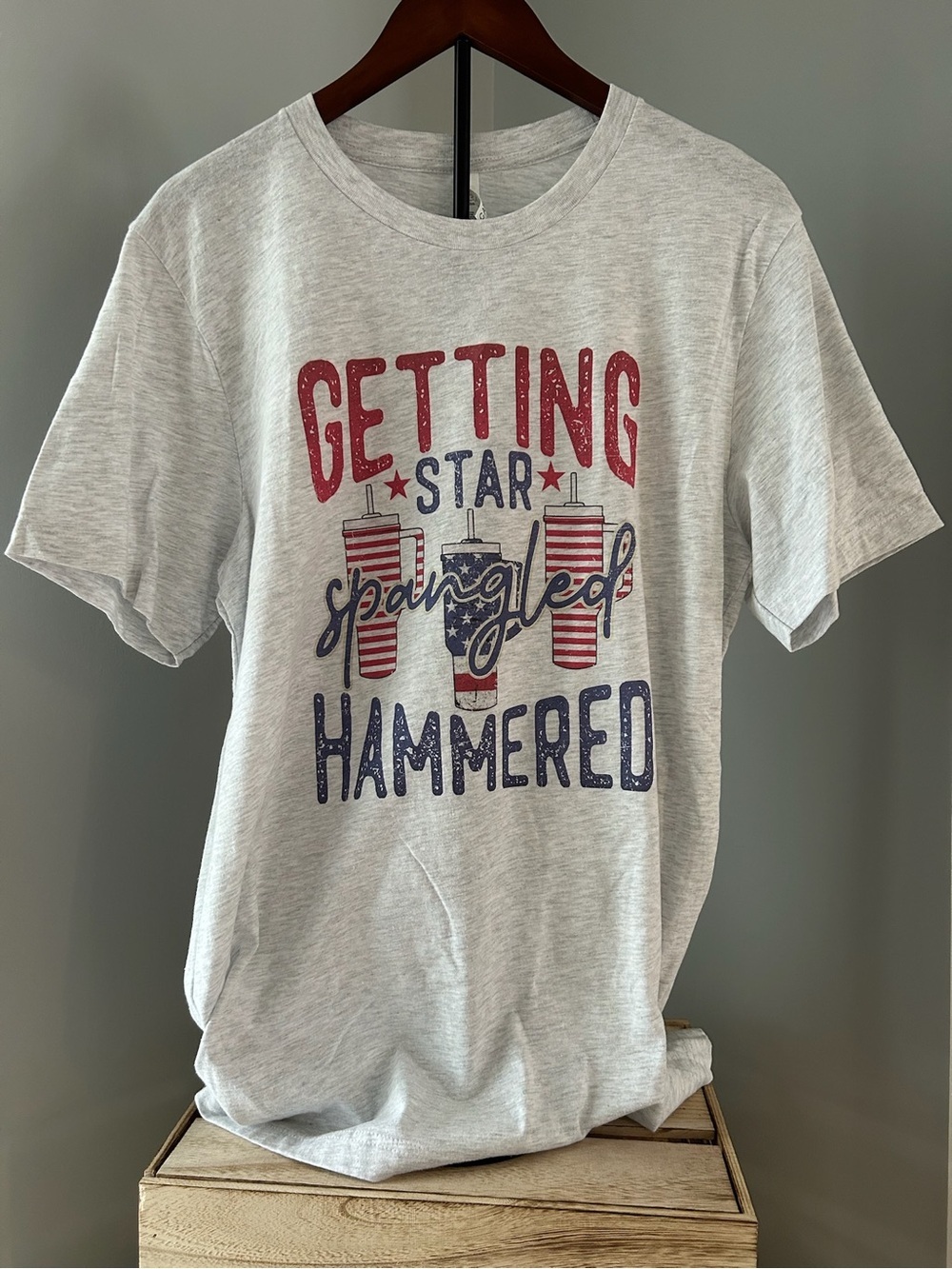 NWOT Light Gray Graphic Tee - 'Getting Star Spangled Hammered'